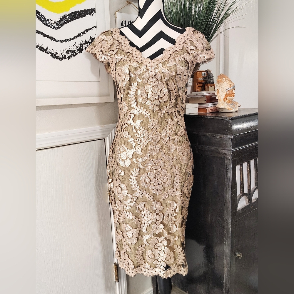 Tadashi Shoji $328 Paillette Sequin Embroidered Lace Dress Women's 8 Rose Gold